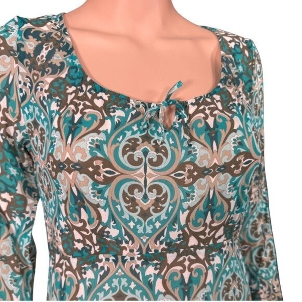 Turnover 100% Silk Paisley Damask Midi Dress Teal Brown Tie Neck Size 36 US 4